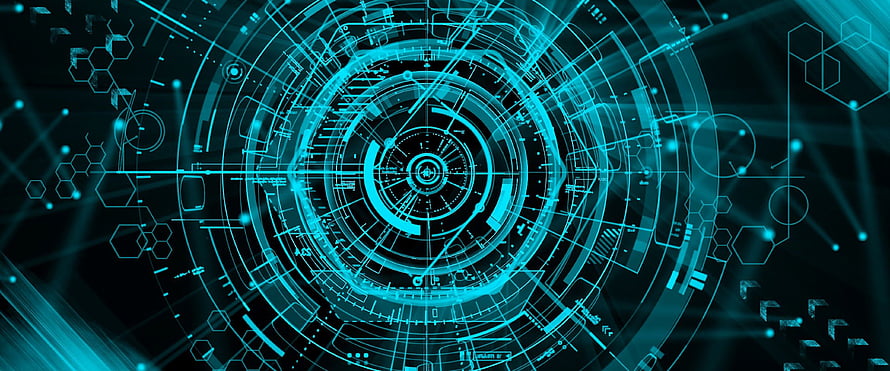 Futuristic Cyan Digital Interface with Concentric Circuits and Hexagonal Patterns HD wallpaper
