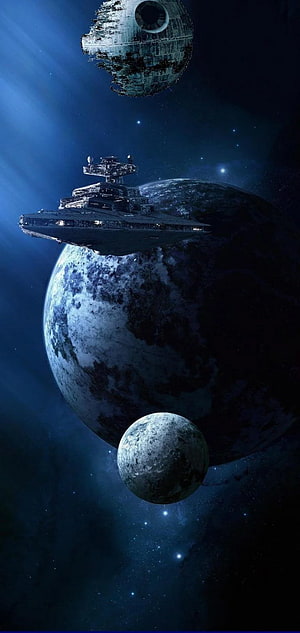 Star Wars Imperial Star Destroyer and Death Star in Deep Space HD phone wallpaper
