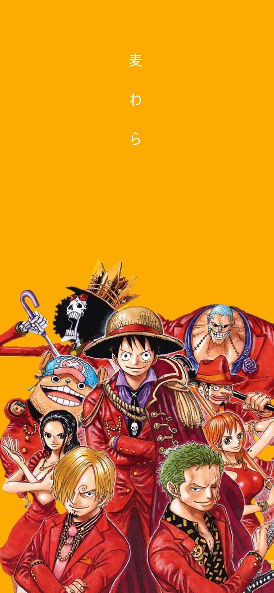 One Piece Straw Hat Pirates in Red Coats on Orange Background HD phone wallpaper
