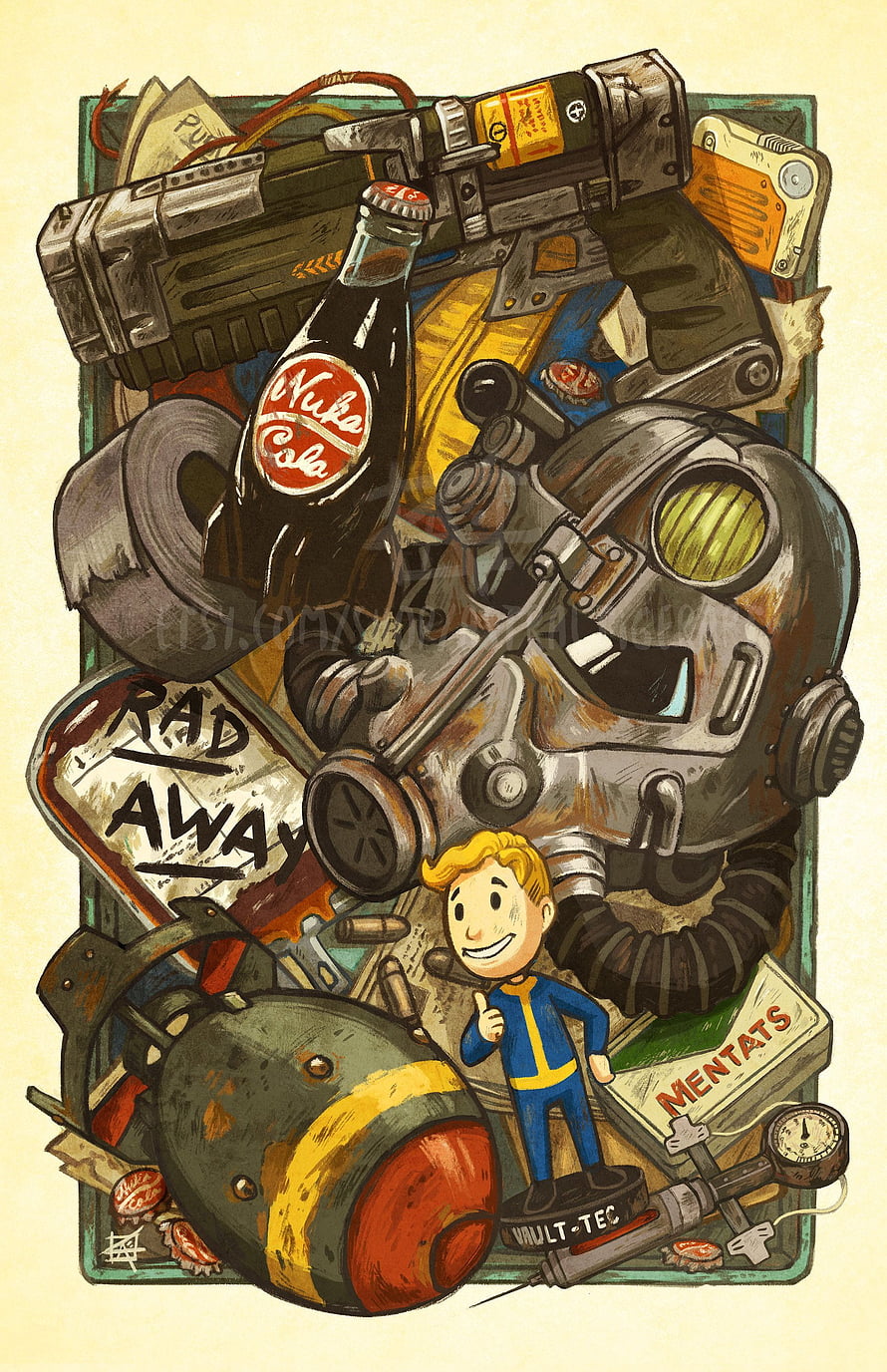 Fallout Vault Boy with Power Armor, Nuka Cola, and Wasteland Gear in Retro Illustration Style HD phone wallpaper