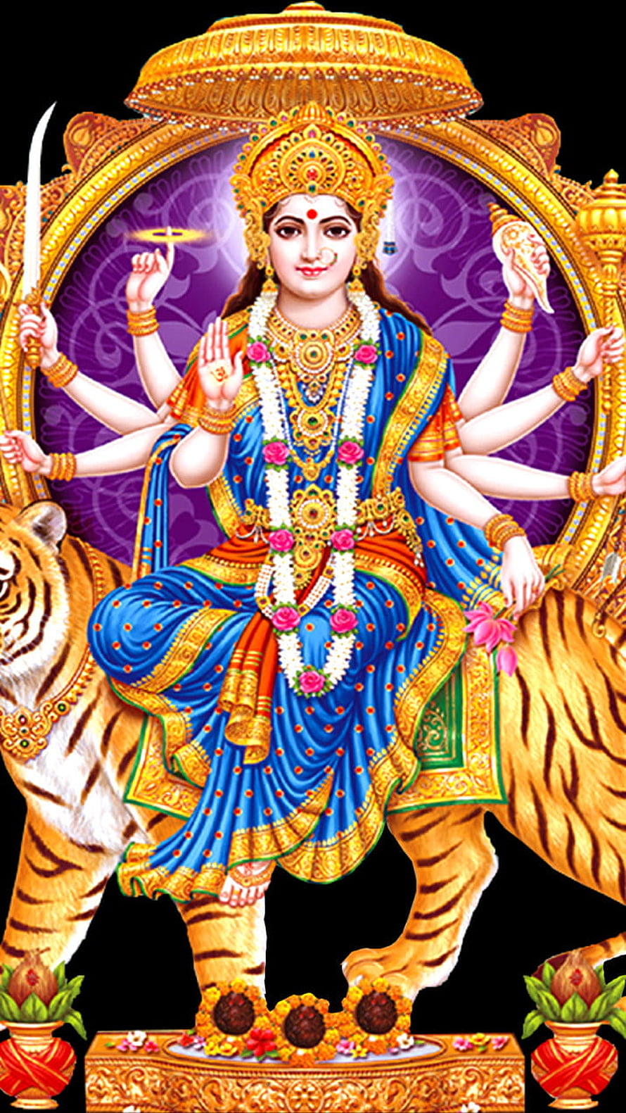 Goddess Durga Riding a Tiger with Multiple Arms and Divine Weapons HD phone wallpaper