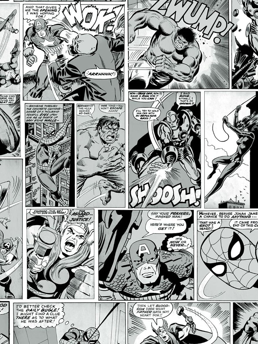 Marvel Comics Black and White Page Featuring Captain America, Spider-Man, and the Hulk in Action HD phone wallpaper