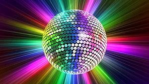 Vibrant Disco Ball with Radiant Multicolored Light Beams and Sparkling Mirror Facets HD wallpaper