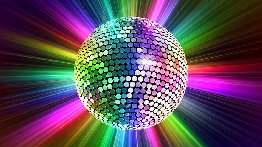 Vibrant Disco Ball with Radiant Multicolored Light Beams and Sparkling Mirror Facets HD wallpaper