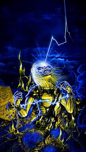 Iron Maiden Eddie lightning storm artwork with tombstone and chains HD phone wallpaper
