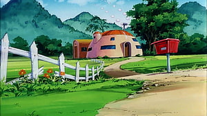 Dragon Ball Z Countryside Scene with Pink Dome House and White Fence HD wallpaper