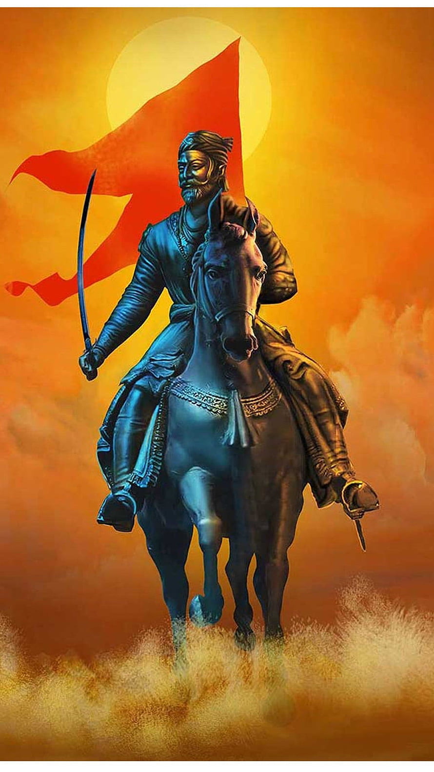 Shivaji Maharaj on Horseback with Sword and Maratha Flag Against Golden Sky HD phone wallpaper
