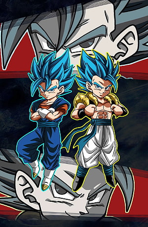Dragon Ball Super Vegito and Gogeta Blue Hair Fusion Battle Pose Anime Artwork HD phone wallpaper