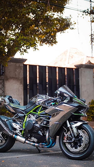 Kawasaki Ninja sport motorcycle with green frame parked on a street HD phone wallpaper