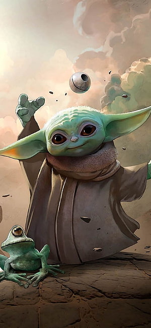 Baby Yoda and Green Tree Frog Digital Art with Floating Orb HD phone wallpaper