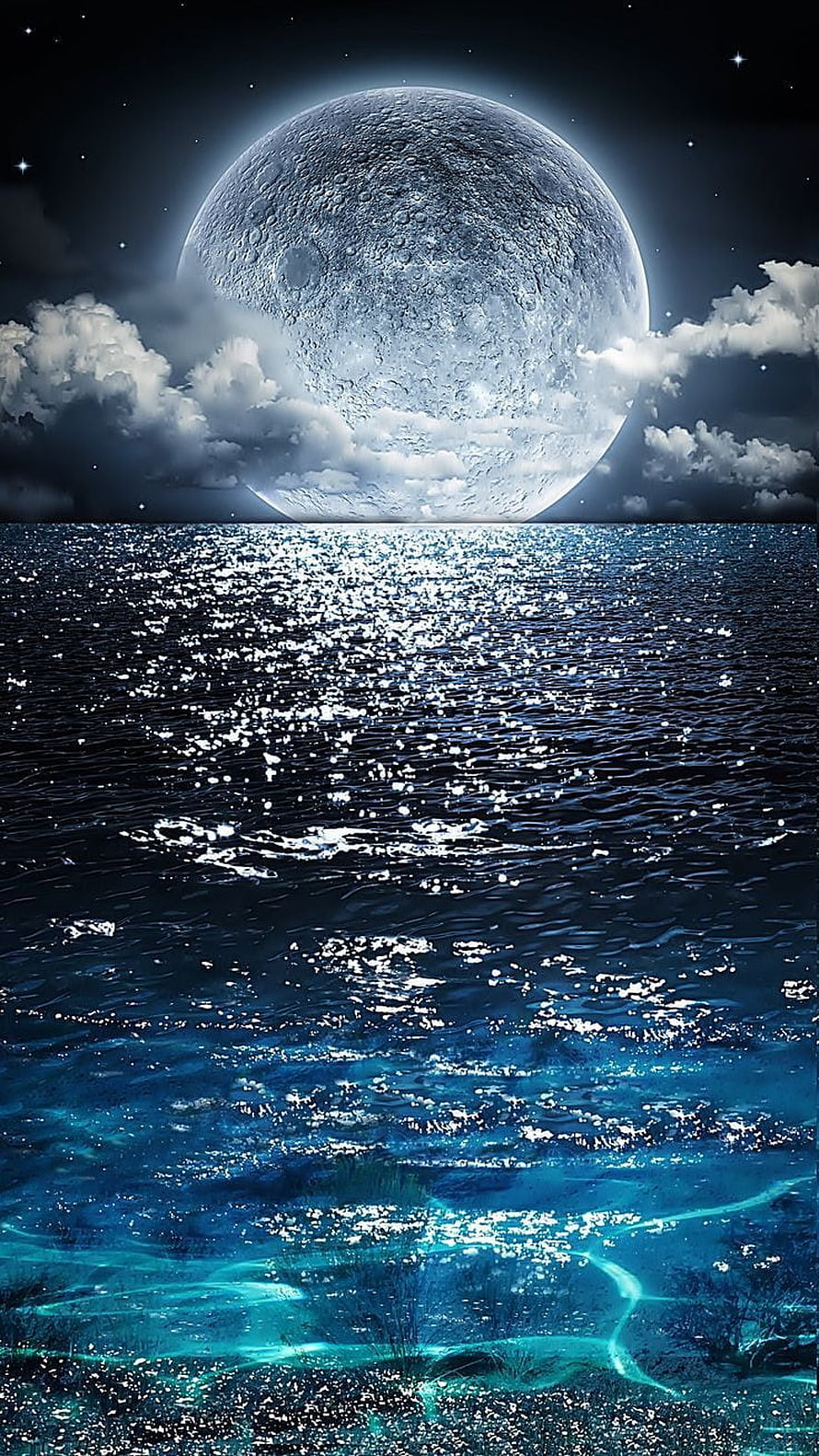 Full Moon Over Shimmering Ocean With Bioluminescent Waves And Night Sky HD phone wallpaper