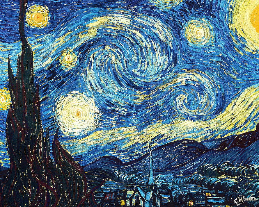Vincent Van Gogh Starry Night Oil Painting with Swirling Sky and Cypress Tree HD wallpaper