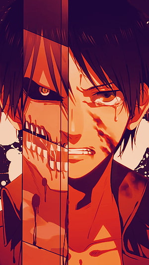 Eren Jaeger and Attack Titan Dual Portrait in Fiery Red Anime Art HD phone wallpaper