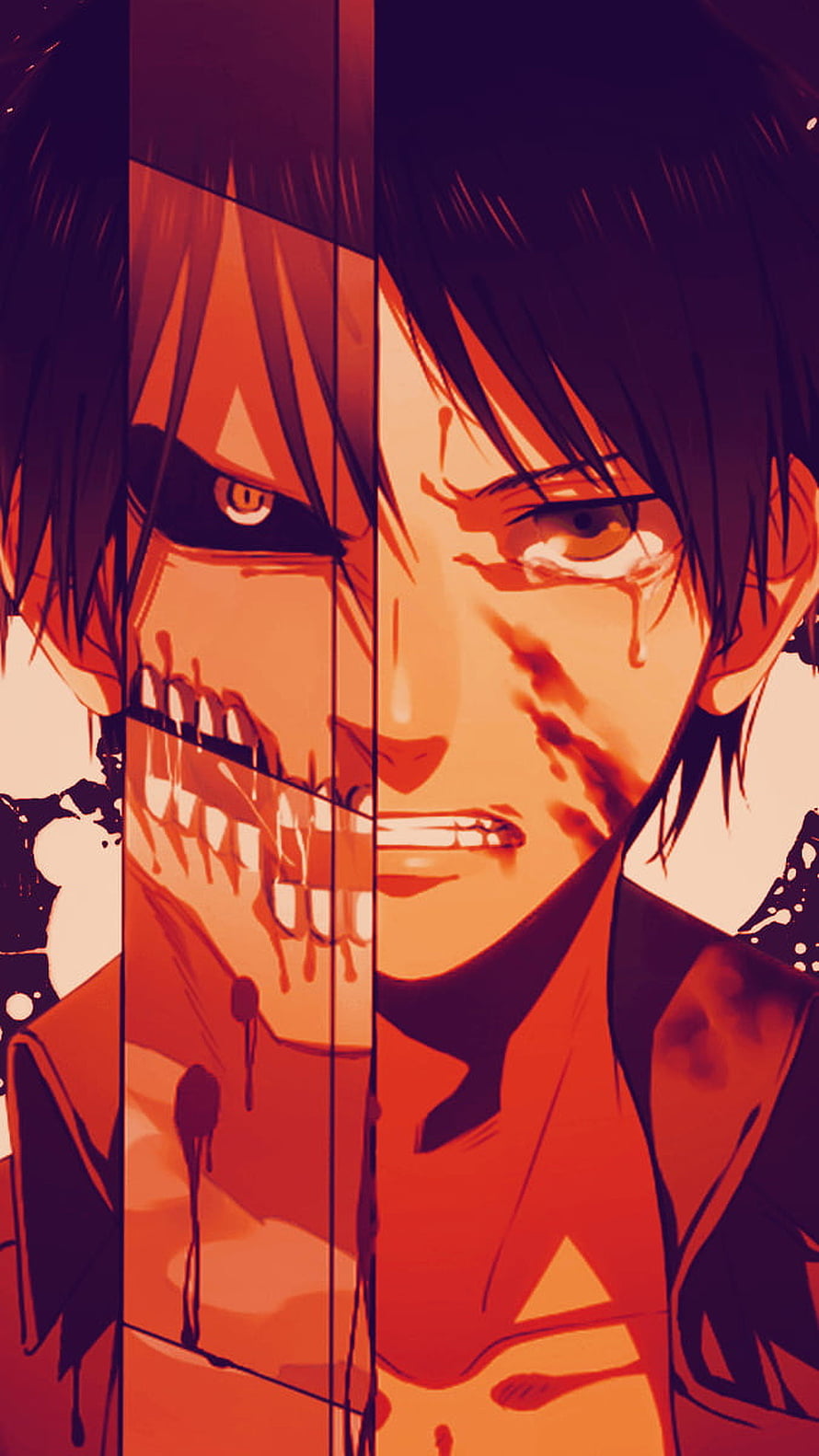 Eren Jaeger and Attack Titan Dual Portrait in Fiery Red Anime Art HD phone wallpaper