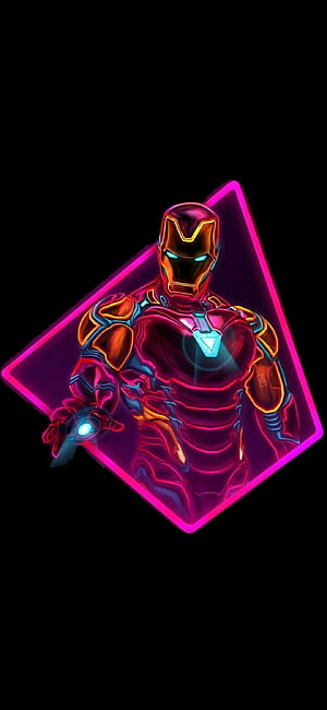 Neon Iron Man Armor with Glowing Cyan Arc Reactor and Pink Geometric Frame on Black Background, Neon Iron Man Amoled Vivo S1 Prime, Amoled Superhero HD phone wallpaper