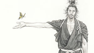 Miyamoto Musashi Reaching for a Butterfly in Monochrome Ink Illustration HD wallpaper
