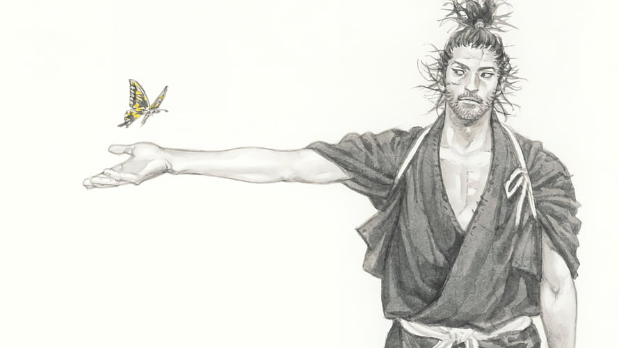 Miyamoto Musashi Reaching for a Butterfly in Monochrome Ink Illustration HD wallpaper