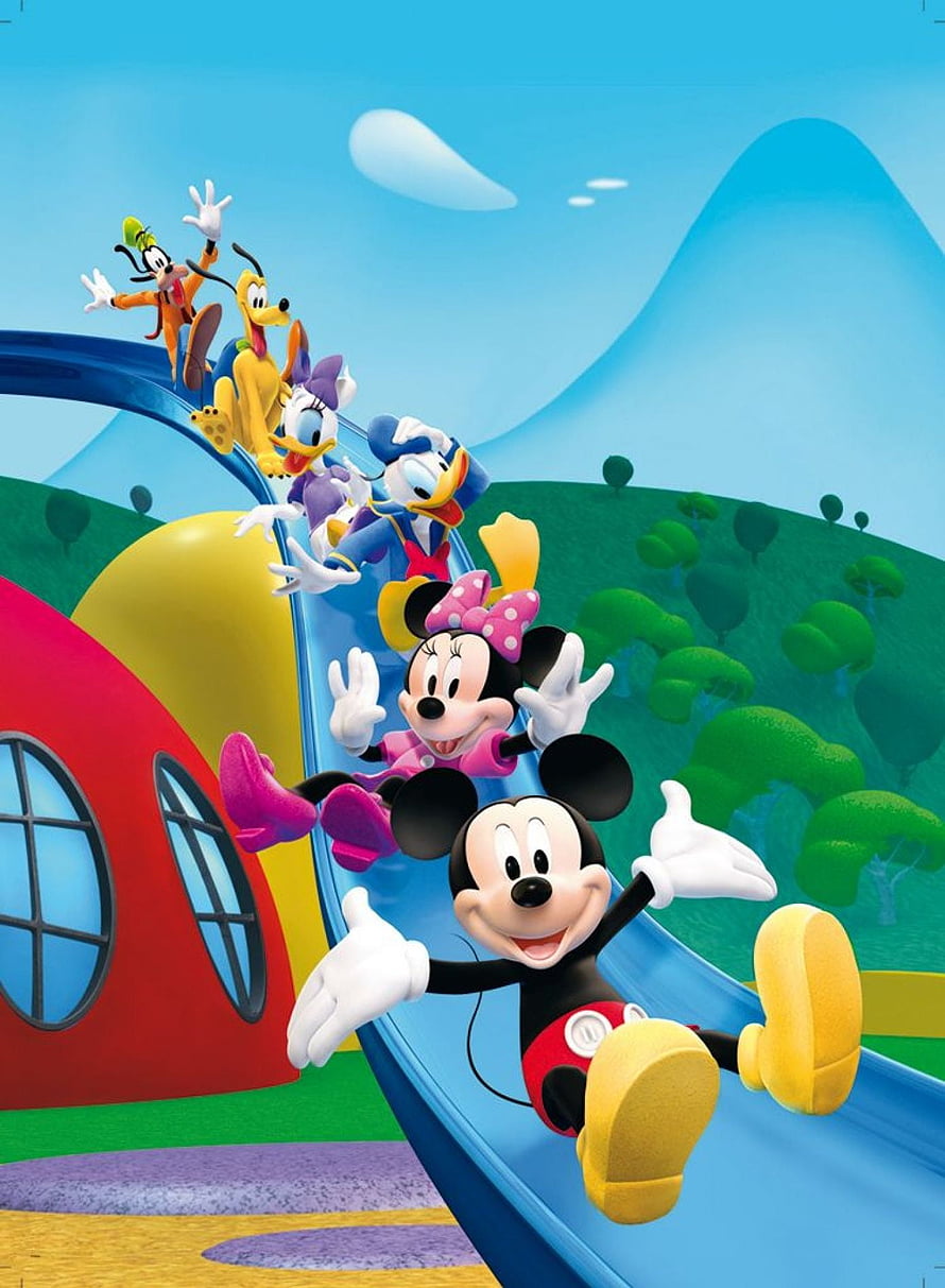 Mickey Mouse Clubhouse Friends Sliding Down a Colorful Playground Slide HD phone wallpaper