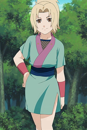 Tsunade Senju in Green Outfit Standing in Forest from Naruto Shippuden Anime HD phone wallpaper