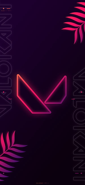 Valorant Neon Logo Wallpaper with Tropical Leaves and Dark Purple Background HD phone wallpaper
