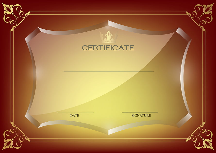 Elegant Red and Gold Certificate Template with Ornate Floral Corners and Shield Design HD wallpaper