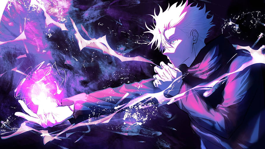 Satoru Gojo from Jujutsu Kaisen channeling purple energy in a dramatic anime illustration HD wallpaper