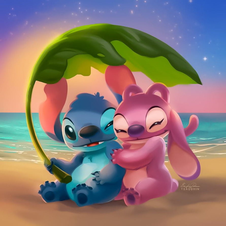 Stitch and Angel relaxing on a tropical beach under a large green leaf at sunset HD phone wallpaper