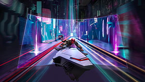 Futuristic Cyberpunk Racer on Hoverbike Through Neon City Corridor HD wallpaper