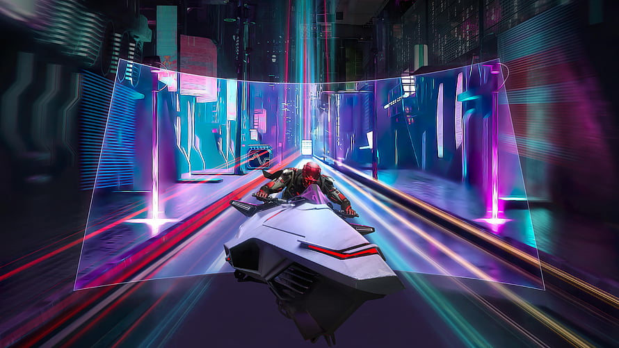 Futuristic Cyberpunk Racer on Hoverbike Through Neon City Corridor HD wallpaper