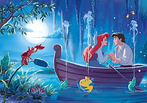 Ariel and Prince Eric in a Moonlit Boat with Sebastian and Flounder from The Little Mermaid HD wallpaper