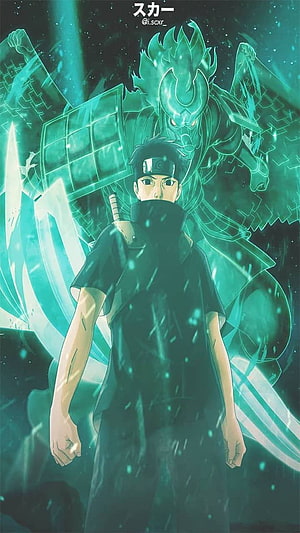Shisui Uchiha with glowing Susanoo in dark teal anime illustration HD phone wallpaper