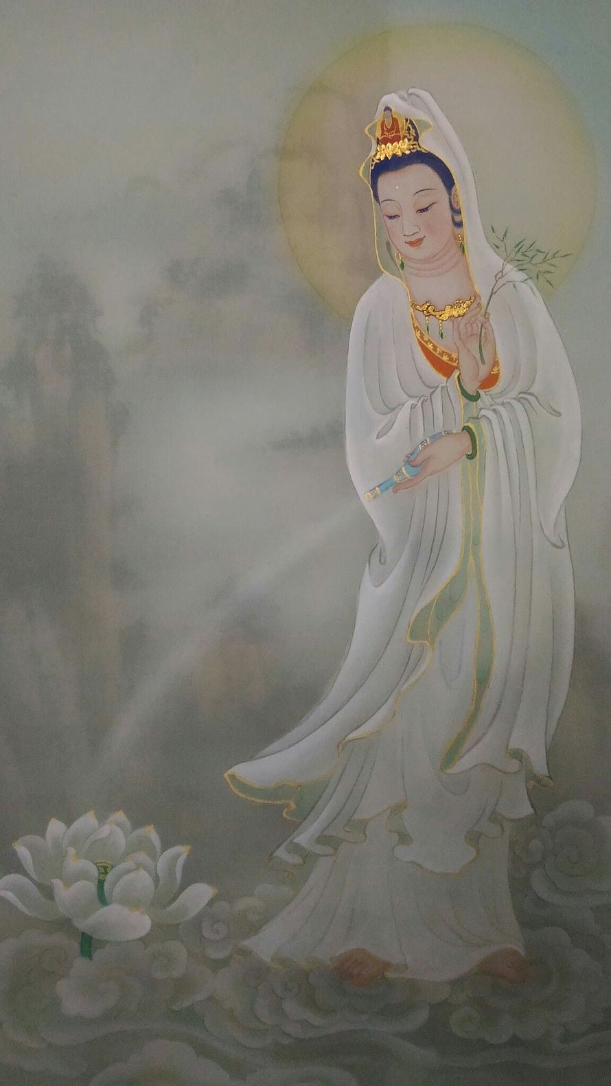 Guan Yin Bodhisattva in White Robes Standing on Clouds with Lotus Flower HD phone wallpaper