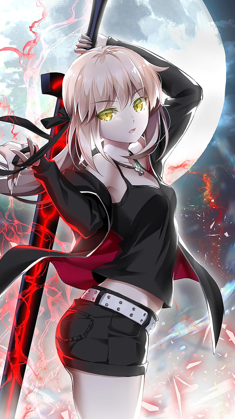 Anime Girl With Blonde Hair And Green Eyes Holding A Glowing Red Sword HD phone wallpaper