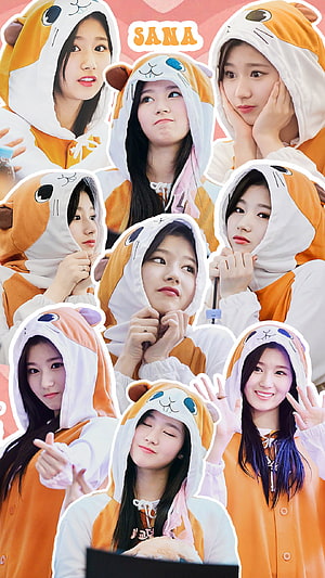 Sana from TWICE in a Cute Orange and White Animal Hoodie Collage HD phone wallpaper