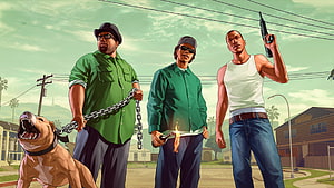 Grand Theft Auto San Andreas Character Illustration With Dog And Weapons HD wallpaper