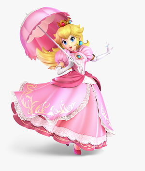 Princess Peach in Elegant Pink Gown Holding Parasol from Super Smash Bros HD phone wallpaper