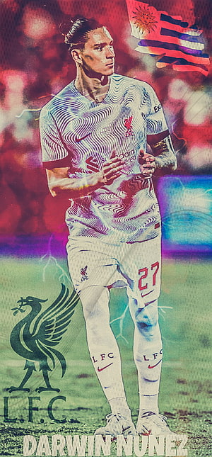 Darwin Nunez in Liverpool FC white away kit with Uruguayan flag and LFC crest HD phone wallpaper