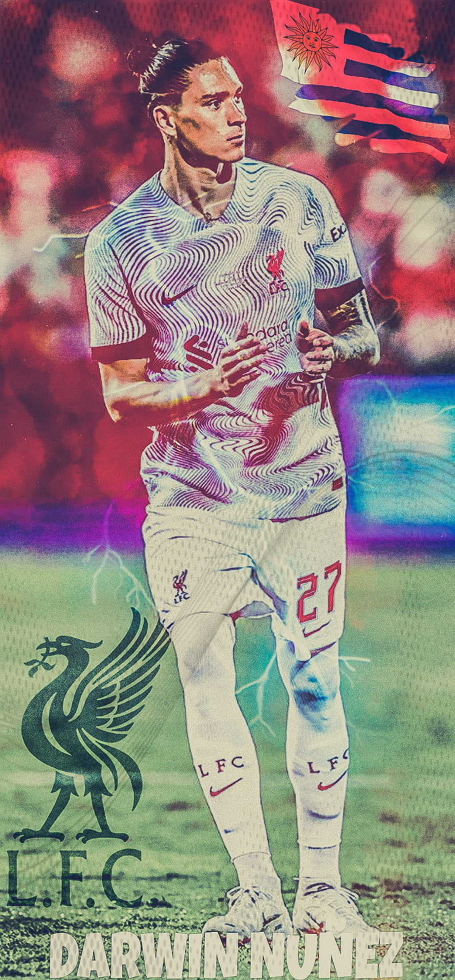 Darwin Nunez in Liverpool FC white away kit with Uruguayan flag and LFC crest HD phone wallpaper