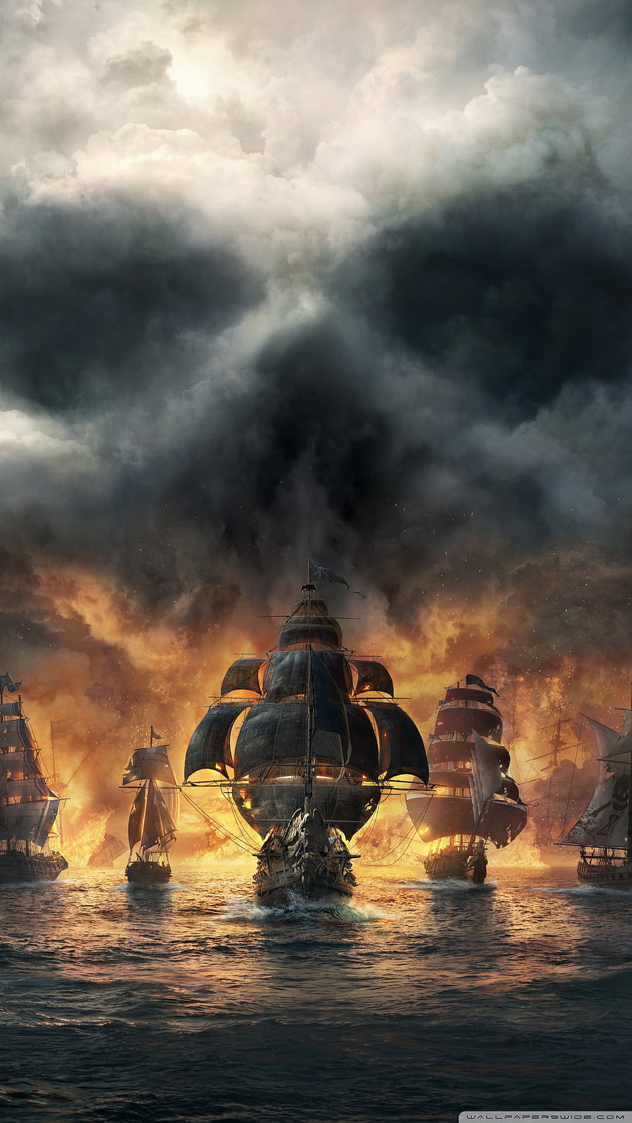 Sea of Thieves Pirate Fleet Sailing Through Dramatic Stormy Seas at Sunset HD phone wallpaper