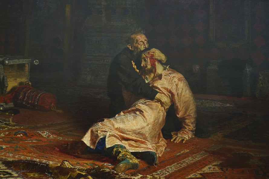 Ivan the Terrible and His Son Ivan by Ilya Repin, dramatic historical oil painting of a grieving father HD wallpaper