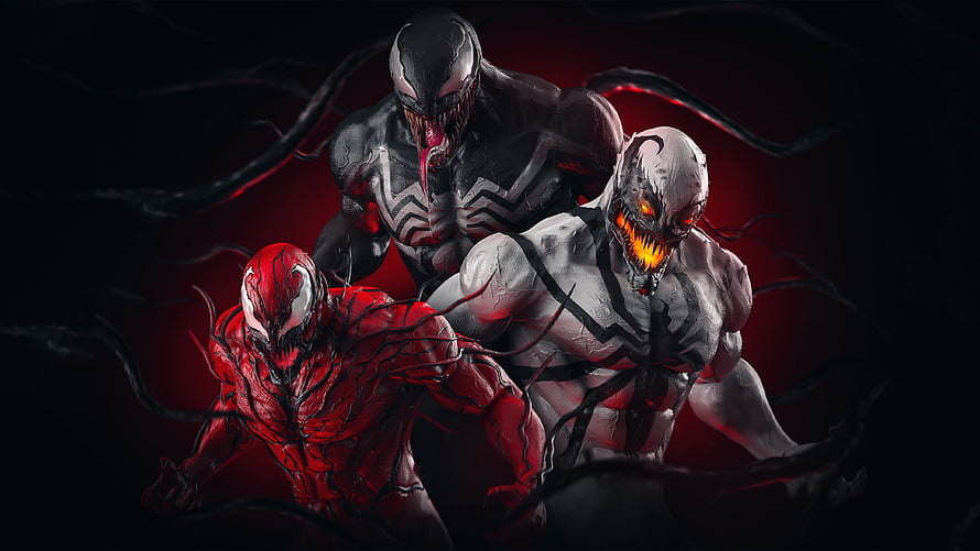 Venom Carnage and Anti-Venom Symbiote Trio Dark Comic Art HD wallpaper