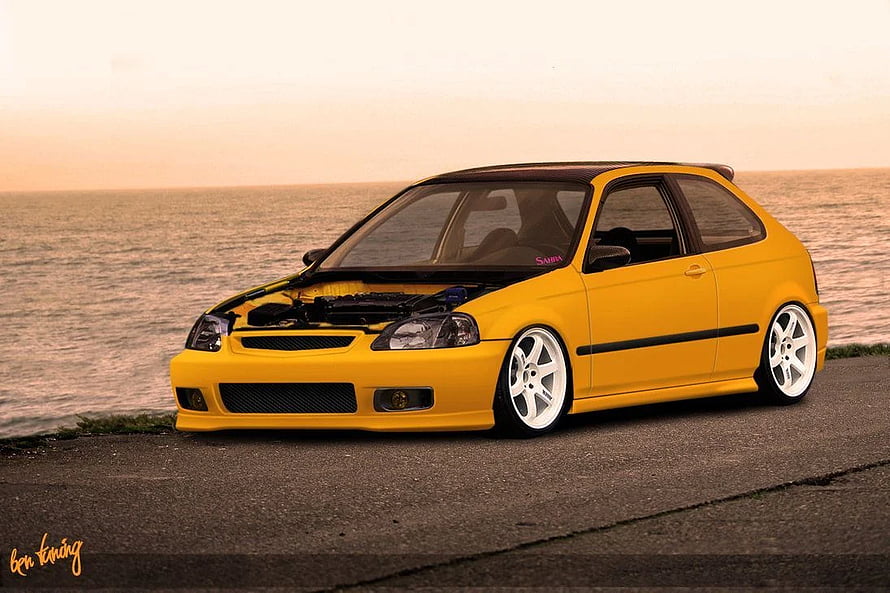 Yellow Honda Civic EK9 Type R with open hood parked by the ocean at sunset HD wallpaper