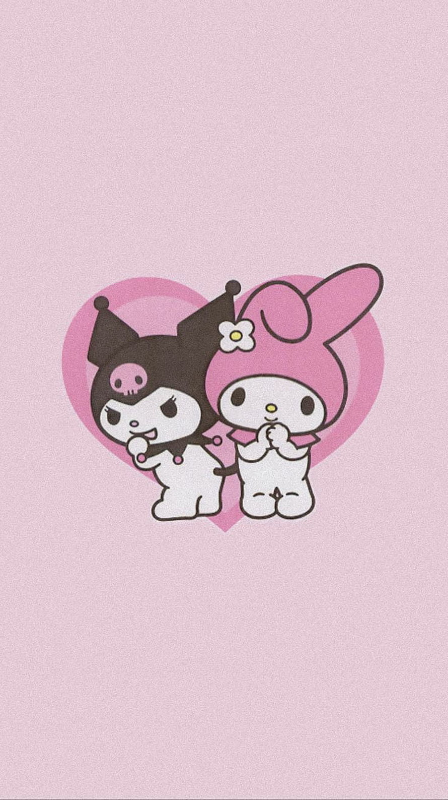 My Melody and Kuromi Cuddling Inside a Pink Heart on a Soft Pastel Background HD phone wallpaper
