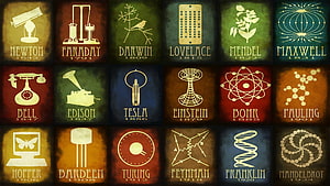 Vintage Grid of Famous Scientists with Icons and Birth Years HD wallpaper