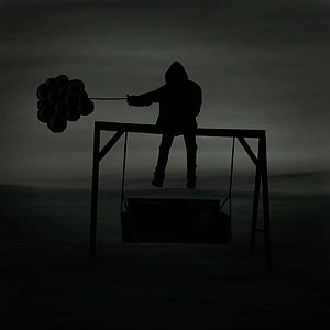 NF Silhouette Sitting on Swing Frame Holding Balloons in Dark Moody Landscape HD phone wallpaper