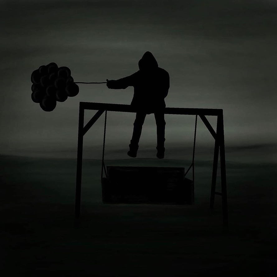 NF Silhouette Sitting on Swing Frame Holding Balloons in Dark Moody Landscape HD phone wallpaper