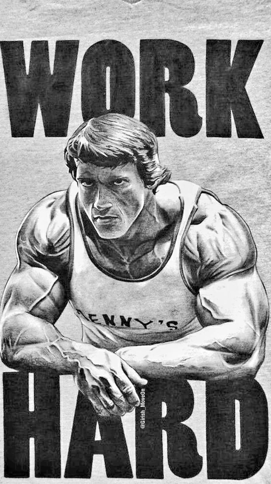 Black and White Arnold Schwarzenegger Illustration with Motivational Work Hard Text HD phone wallpaper