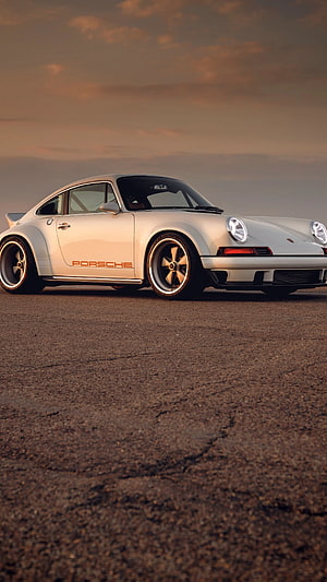 White Porsche 911 Singer Vehicle Design Coupe Parked on Asphalt at Sunset HD phone wallpaper