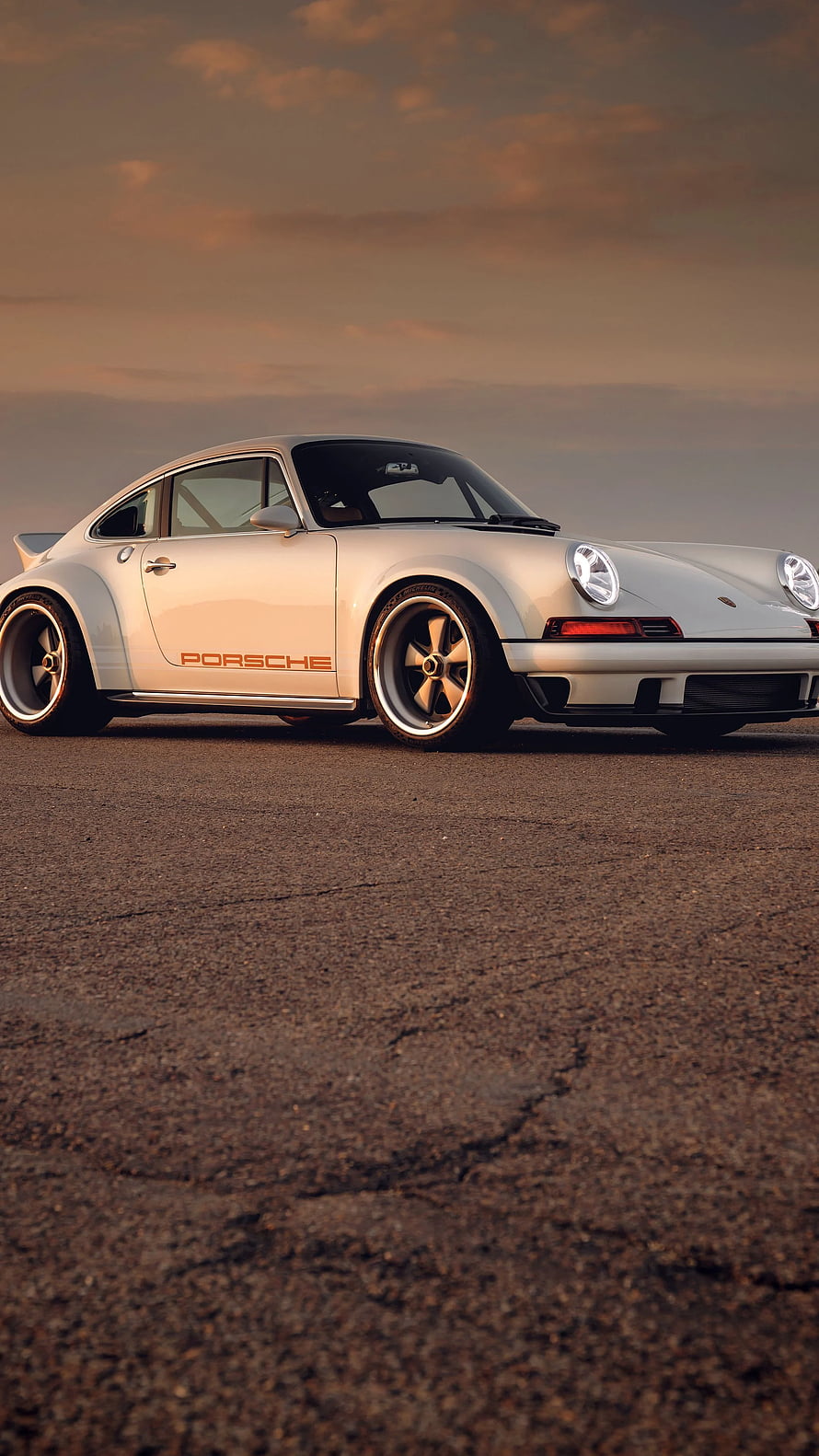 White Porsche 911 Singer Vehicle Design Coupe Parked on Asphalt at Sunset HD phone wallpaper