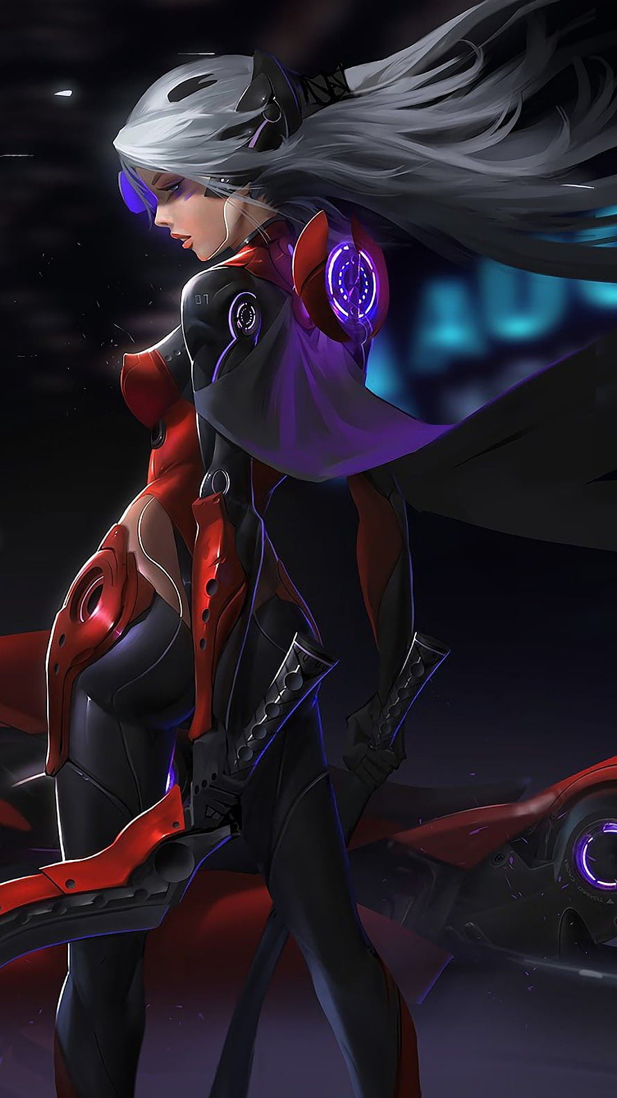 Cyberpunk Biker Girl in Red and Black Armor with Sci-Fi Motorcycle HD phone wallpaper